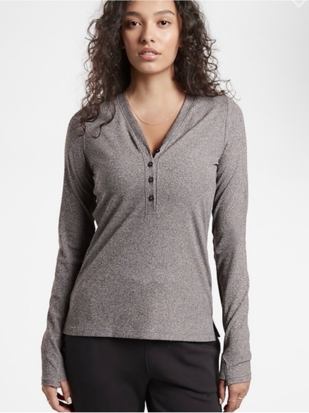 Athleta Uptempo Ribbed Henley Top Gray Long Sleeve Thumbholes Size M